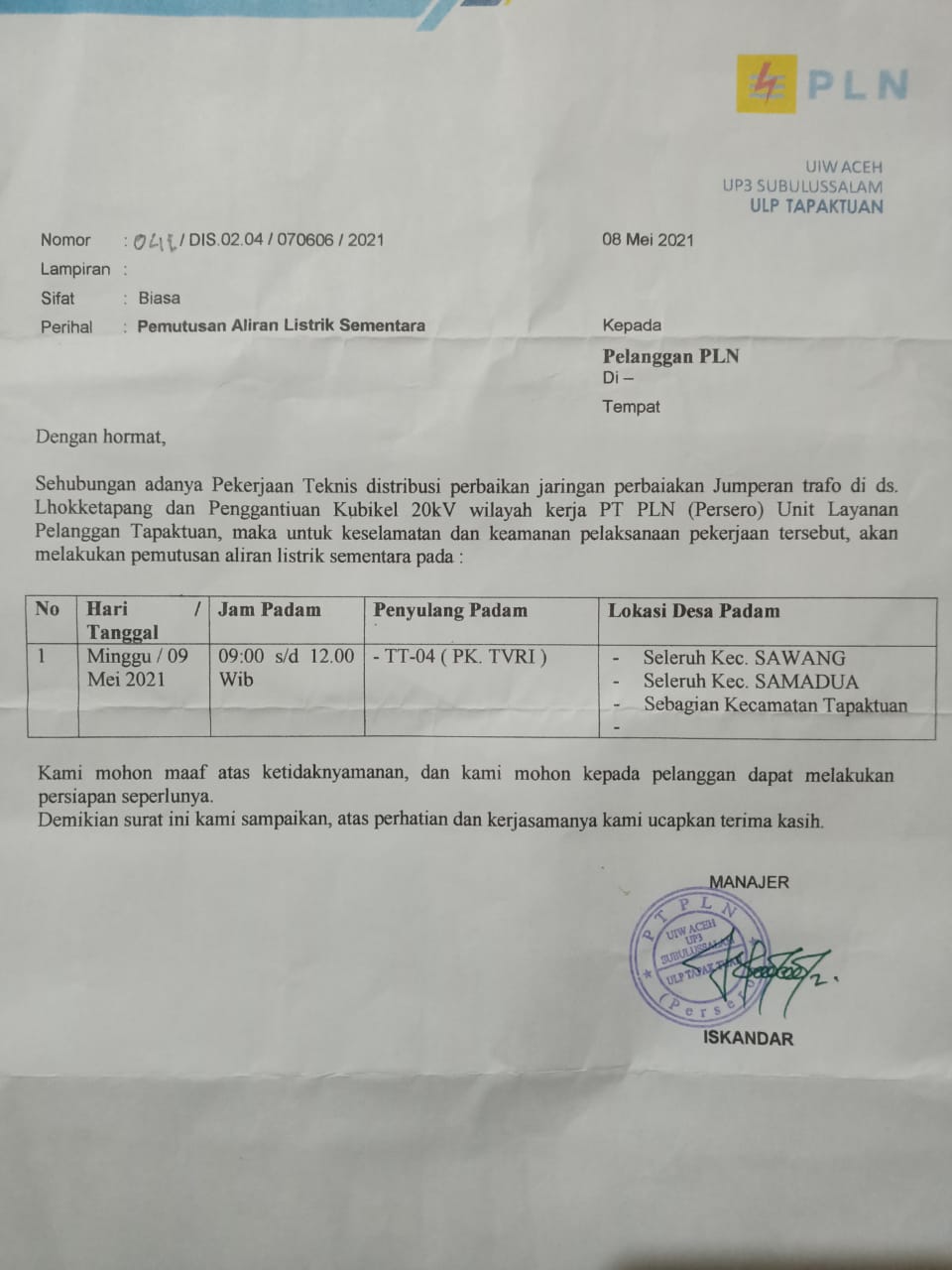 Besok, ULP PLN Tapaktuan Akan Lakukan Pemadaman Tiga Jam