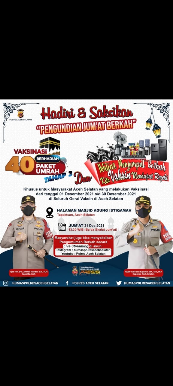 Besok, Polres Aceh Selatan Cabut Undian Doorprize, Jika Beruntung Peserta Vaksin Dapat Tiket Umrah