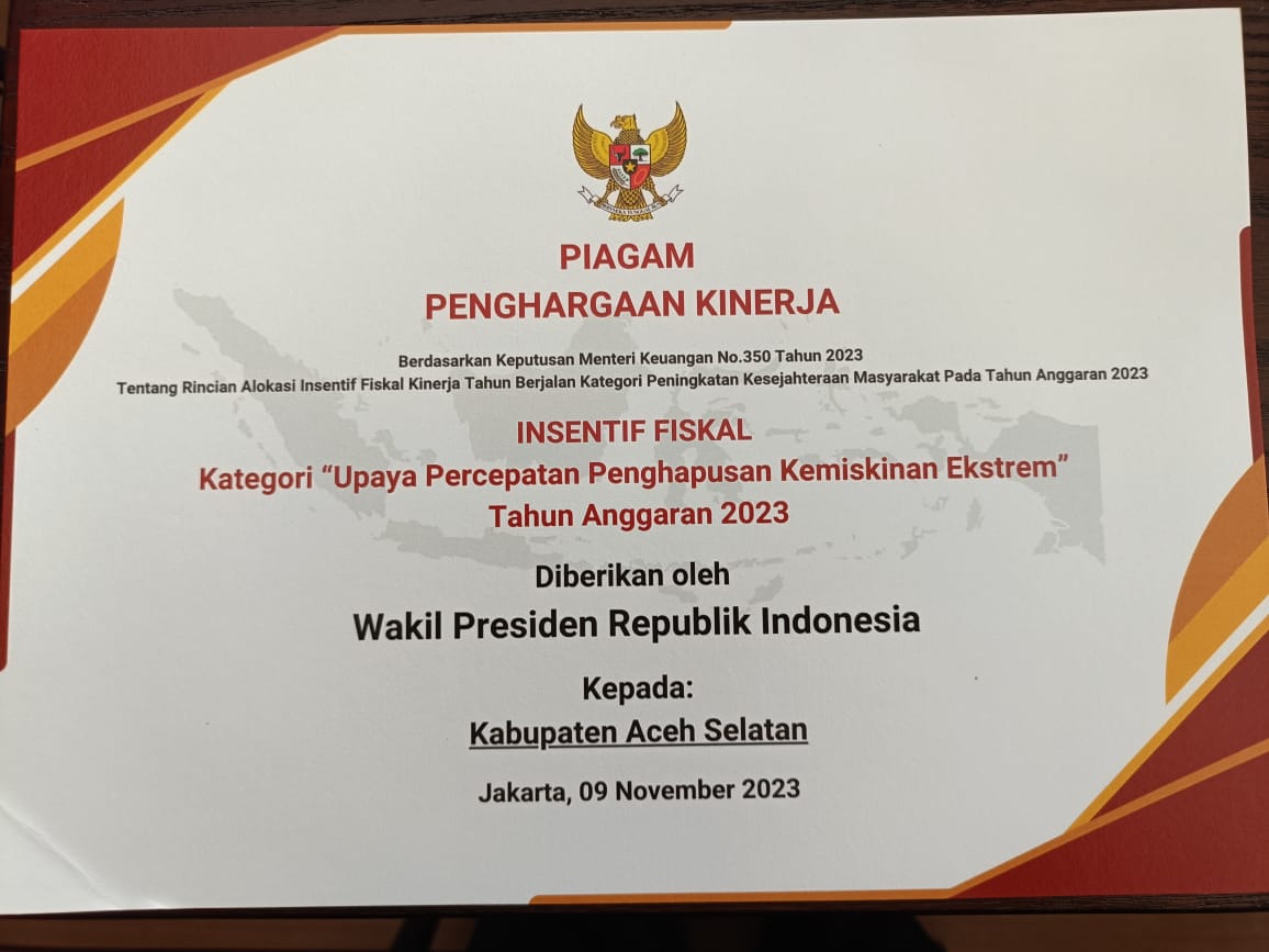 Kabupaten Aceh Selatan Dapat Penghargaan Dari Wakil Presiden RI