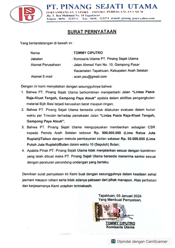 PT PSU Mengingkari Surat Pernyataannya Sendiri, Dengan Menipu Pemda Aceh Selatan