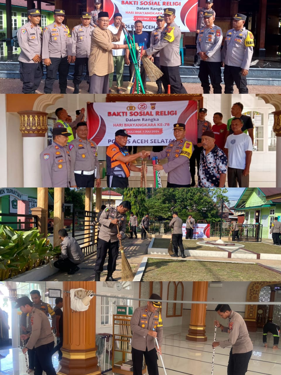Sambut Hari Bhayangkara 78, Polres Aceh Selatan Gelar Bakti Sosial Religi Bersihkan Masjid.