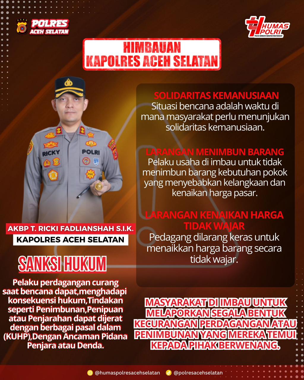 Kapolres Aceh Selatan Imbau Pedagang dan Masyarakat Jaga Stabilitas Harga dan Tidak Timbun Barang Saat Masa Bencana