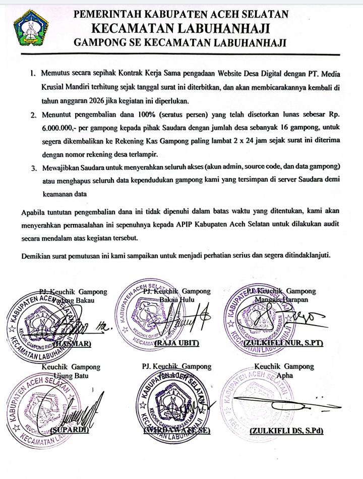 Tidak Kunjung Ada Kejelasan, 16 Gampong di Labuhanhaji Tuntut pengembalian Dana Website Desa