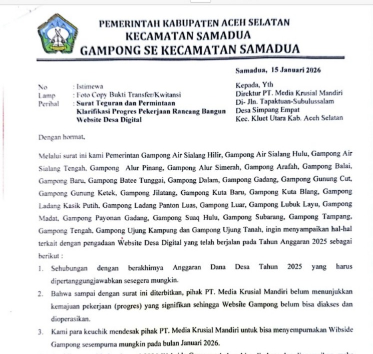 Lagi Sebanyak 28 Gampong di Samadua Aceh Selatan Pertanyakan Website Desa, Tuntut PT. MKM Kembalikan dana 6 Juta pergampong yang telah disetor