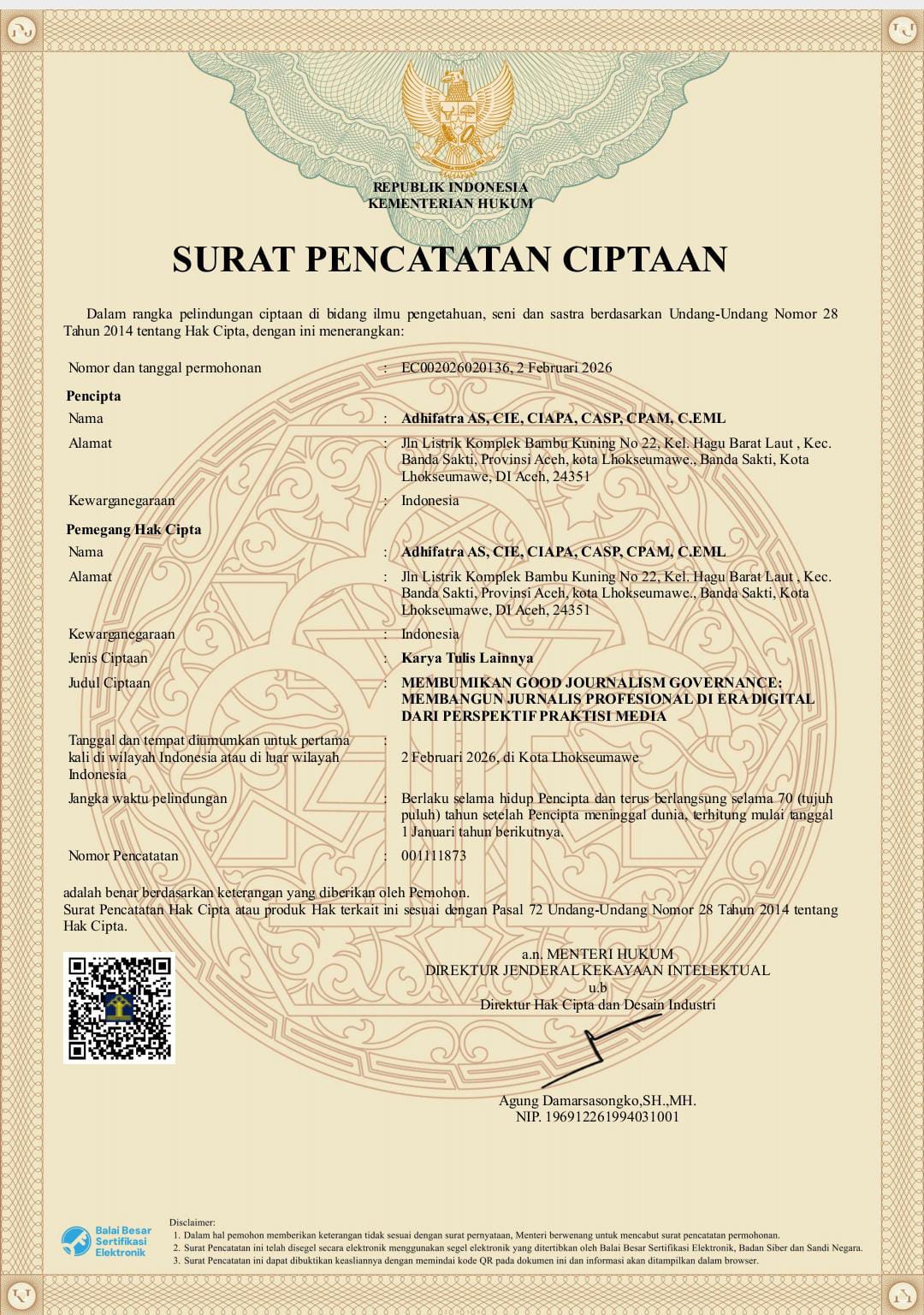 Adhifatra Agussalim Luncurkan Buku “Membumikan Good Journalist Governance” sebagai Panduan Jurnalisme Berintegritas