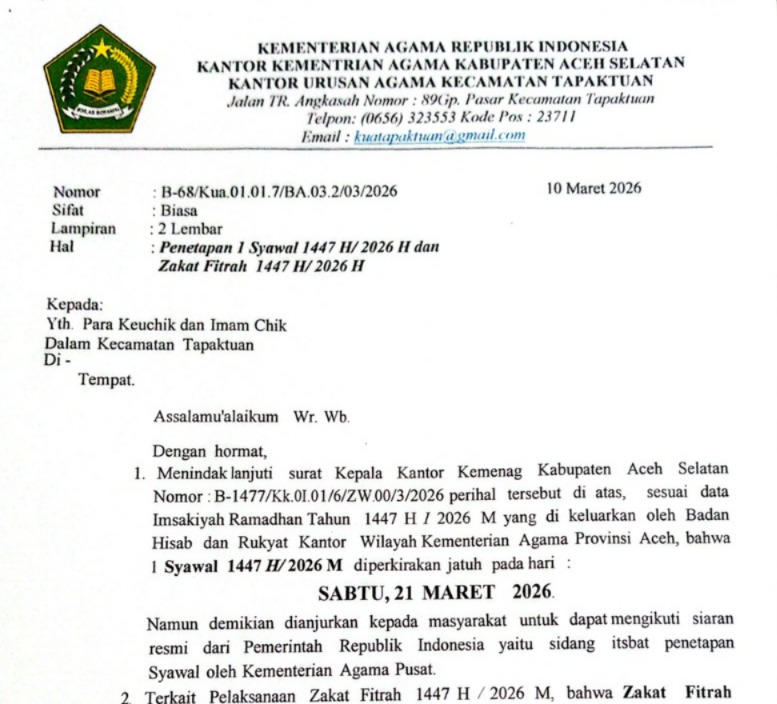 KUA Tapaktuan Tetapkan Besaran Zakat Fitrah 2026, Ini Nominalnya